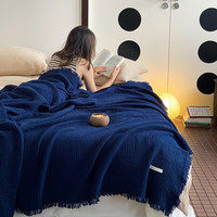 南极人全棉针织苏流毯子沙发盖毯高级感办公室午睡装饰毛毯复古客厅日式 皱皱流苏毯_藏青 150x200cm