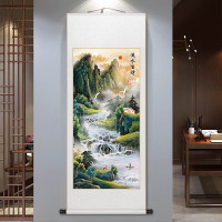 爱麒 国画旭日东升山水画新中式客厅装饰画办公室字画竖版玄关卷轴挂画 XG15流水生财 乳白色锦绫41*102CM