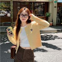 茯见针织衫女学院风开衫女针织短款外套女2025春秋女装麻花毛衣上衣女 黄色 常规 均码