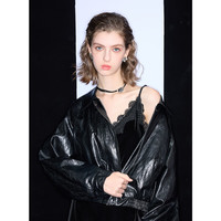 三彩2025春季丝绒吊带裙拼接无袖连衣裙开叉长裙摩登女 经典黑 S