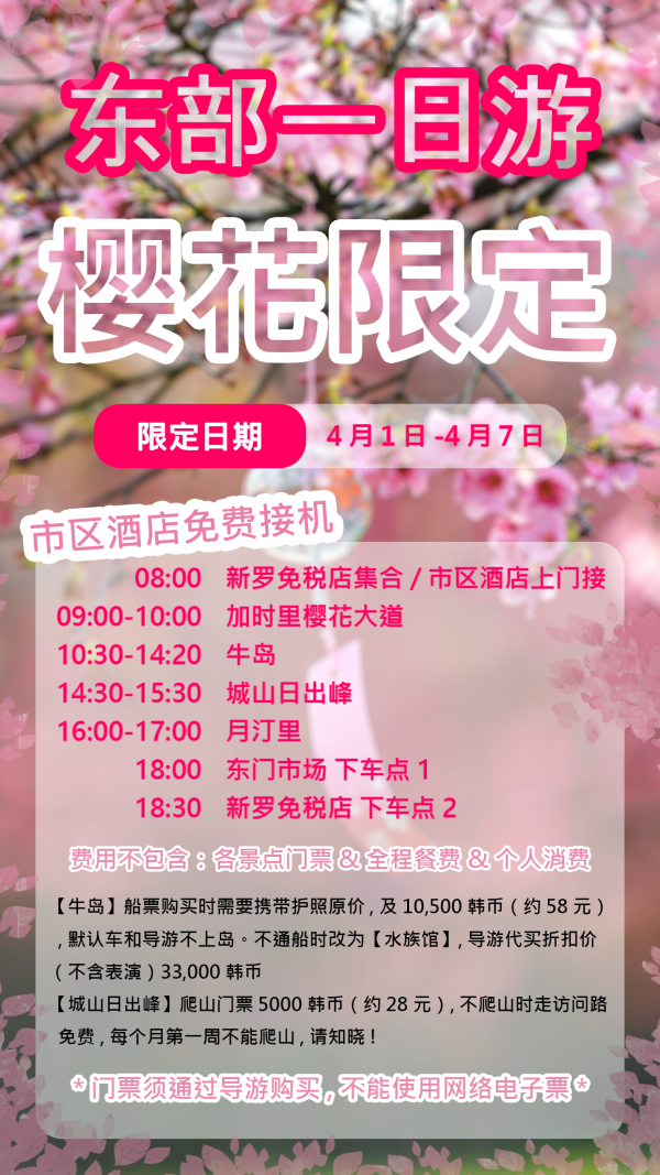 含税+行李额!还有4月出行限定樱花一日游!广州直飞韩国济州岛4-5天机票+一日游