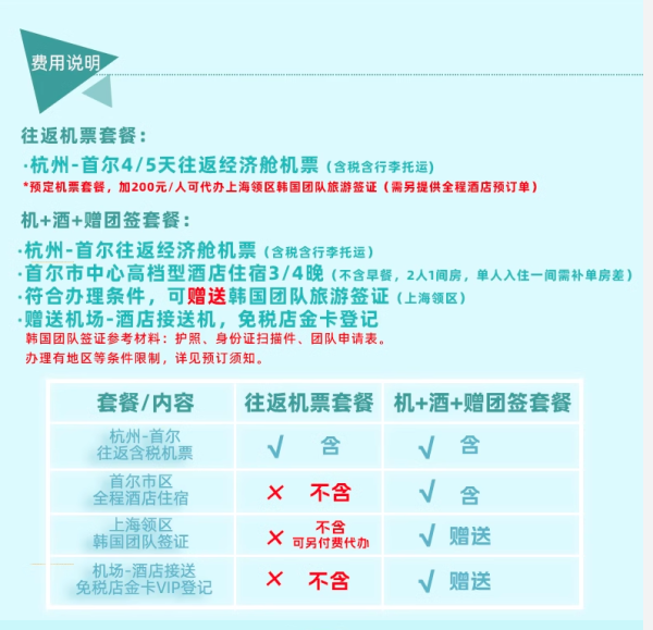 含税+托运行李!可选团签和酒店!杭州出发韩国首尔4-5日自由行套餐