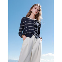 三彩2025春季镂空撞色条纹针织衫圆领长袖开衫通勤气质M 藏青色 S 155/80A