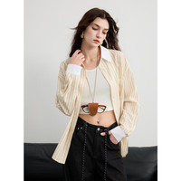 三彩2025春季多巴胺撞色条纹衬衫宽松中长开衫翻领长袖S 鹅黄条纹 L 165/88A