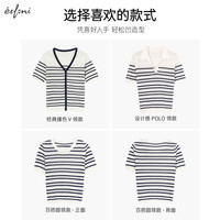 伊芙丽圆领条纹撞色亚麻针织衫短袖女2024夏装高级感小上衣 藏青 圆领 160/84A/M