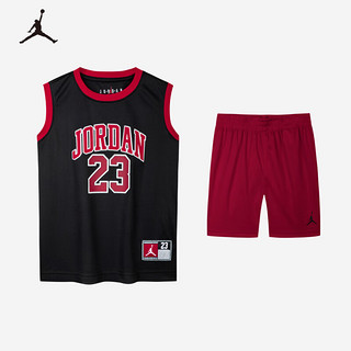 NIKE 耐克 JORDAN 耐克AJ童装男童篮球背心+短裤2件套24夏季儿童篮球服套装 正黑色/乔丹红