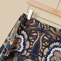 她池优雅一片式半身裙2025春夏女装印花系带高腰中长裙 咖花 M