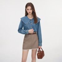 范思蓝恩新复古回潮减龄娃娃领牛仔衬衫2024秋宽松显瘦衬衣女通勤百搭 浅牛仔蓝 S