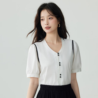 茵曼（INMAN）法式撞色V领通勤衬衫女夏季感小众气质短袖衬衣 米白色 S