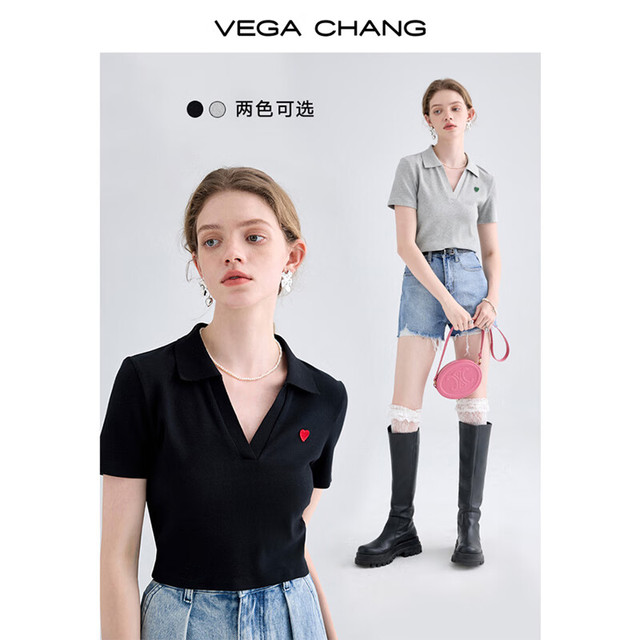 VEGA CHANG 爱心针织T女2024夏款设计感polo领法式短袖提花上衣 寂静黑 L