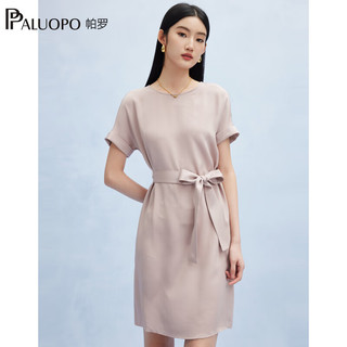 帕罗（PALUOPO）22姆米重绉圆领纯色短袖连衣裙重磅真丝高腰销售系带淑女裙子 粉紫 S(155/80A)