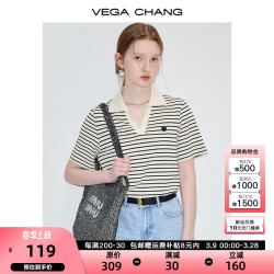 VEGA CHANG 短袖T恤女2025年夏季新款潮流撞色条纹POLO领休闲百搭体恤衫上衣 黑白条纹 M