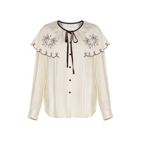 两三事梵高文艺 向阳素描 2025春季绣花布拼接绑带假两件衬衫女宽松 杏色-y S