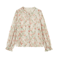 德玛纳 dme【温柔御姐OOTD】春秋韩系雪纺印花衬衫泡泡袖荷叶边衬衣