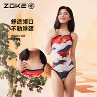 洲克女士高性能运动游泳连体三角泳衣zoke沙滩度假遮肚显瘦游泳衣 蓝红中国浪花 XL