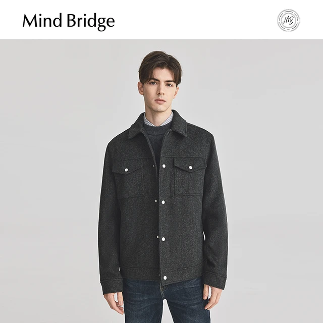 Mind Bridge男士工装翻领夹克冬季羊毛外套2024短款毛呢大衣