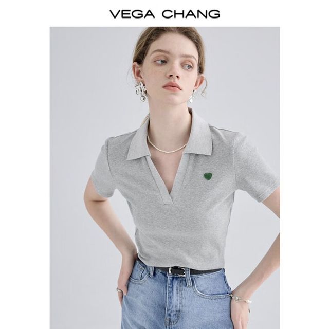 VEGA CHANG 爱心针织T女 polo领法式短袖提花上衣