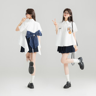 KEIKO 少年感蝴蝶结扎花白色衬衫女25夏季洋气减龄绣标短袖上衣 XL