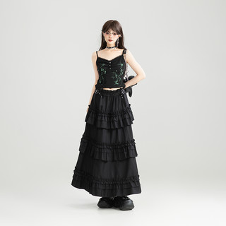 KEIKO 未来感印花吊带上衣两件套25夏季辣妹黑色背心+半身裙套装