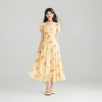 KEIKO 法式方领玫瑰碎花连衣裙夏季南法度假明黄色A字雪纺长裙子