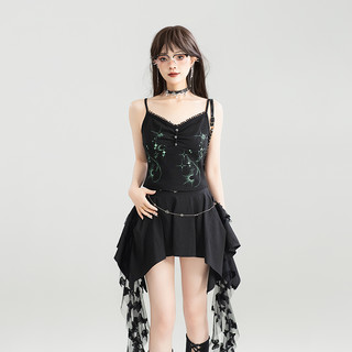 KEIKO 未来感印花吊带上衣两件套25夏季辣妹黑色背心+半身裙套装