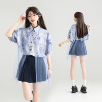 KEIKO 水墨晕染蝴蝶花短袖衬衫女25夏季仙灵轻纱拼接宽松雪纺上衣 S