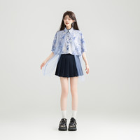KEIKO 水墨晕染蝴蝶花短袖衬衫女25夏季仙灵轻纱拼接宽松雪纺上衣 XL