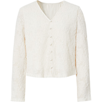 红袖法式甜美雪纺衫2025春季新款女装剪花流苏开叉正肩V领显瘦短上衣 004