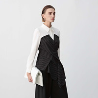 sdeer圣迪奥女装复古翻领撞色条纹拼接收腰衬衫S24180503