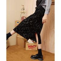 A02 丝绒亮片半身裙高腰直筒开叉裙子女宴会优雅显瘦中长款a字裙