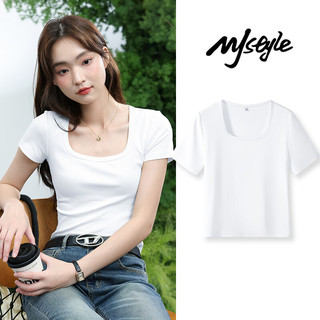 MJ STYLE方领紧身短袖T恤女2025年夏季新款简约时尚百搭内搭纯色气质上衣