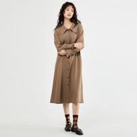 春季时尚通勤气质衬衫连衣裙梭织大翻领绑带荷叶边连衣裙女中长款