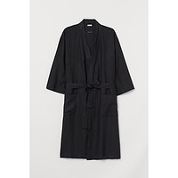 H&M HM春季女士内衣家居服睡袍浴袍纯色中性水洗亚麻睡袍0107727