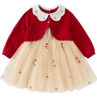 戴维贝拉儿童裙子2025春装女童假两件网纱公主裙新年连衣裙 红色-面料展示 勿拍