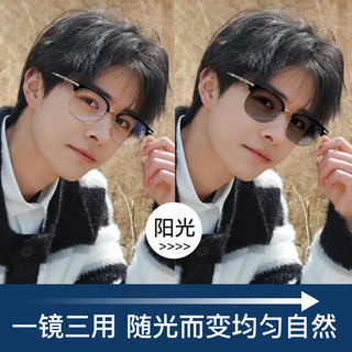 慕楚随光变色近视眼镜男防蓝光辐射超轻大脸眼睛框可配度数护眼镜片女 K0062黑银 配1.56极速变灰镜片（颜色备注）