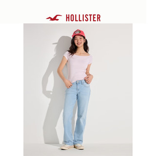 HOLLISTER25春新辣妹欧若风修身一字肩露肩短袖T恤女装KI339-5063 浅粉色条纹 L (165/100A)