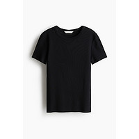 H&M HM女装T恤2025春季新款时尚修身短袖窄边领口直筒下摆上衣1260556