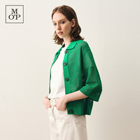 Marc O'Polo/MOP翻领镂空设计棉麻混纺短款落肩针织衫女士 BV绿452 XS 160