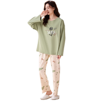 宜而爽【100%纯棉】女士睡衣女春秋季圆领套头长袖套装家居服宽松可外穿