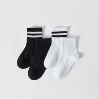 卡拉美拉（Caramella）袜子女童男童袜春夏款棉袜黑色白色亲肤透气童袜舒适耐穿 黑底两条杠 5双 XL （8-12岁）