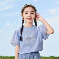 【闪亮蝴蝶结】女童短袖T恤25夏儿童甜美蕾丝轻薄透气上衣
