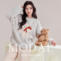 莫代尔软绵绵睡衣女冬半边绒可爱小熊加厚保暖可外穿珊瑚绒家居服套装