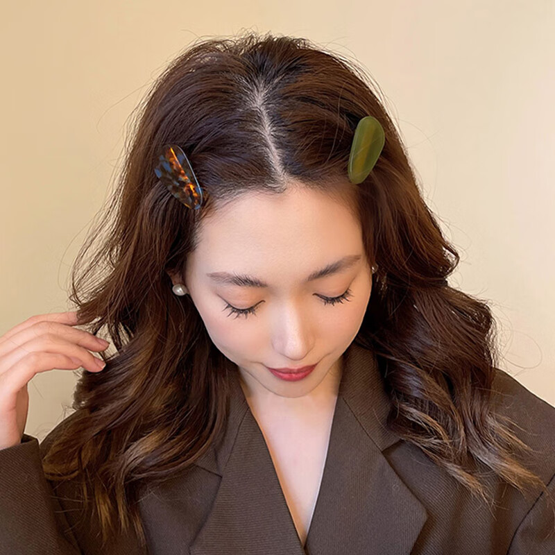 向晚复古醋酸水滴碎发夹女侧边鸭嘴夹一字刘海夹子头饰 咖绿色一对