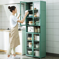 木马人家用落地厨房餐边柜置物架收纳碗碟柜多功能简易多层调料柜储物架 【透明四门】60cm长-七层绿色