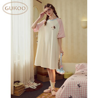 果壳(Gukoo)睡裙女春夏新款轰轰小狗系列纯棉圆领短袖插肩袖女士家居服睡裙B 奶白睡裙 S