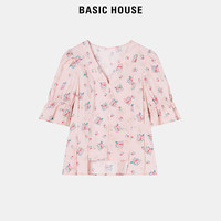 BASIC HOUSE/百家好24夏季印花褶皱小衫甜美显瘦碎花衬衫上衣 米色 XL