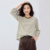 佐丹奴T恤女纯棉时尚减龄撞色条纹圆领七分袖上衣女13325213 56 米白/茶绿 L