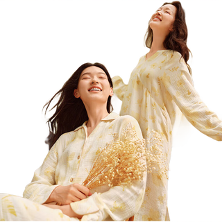全棉时代睡衣女纯棉空气褶皱纱家居服套装女士透气 新芽朦绿 155