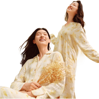 全棉时代睡衣女纯棉空气褶皱纱家居服套装女士透气 新芽朦绿 155