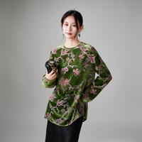 新中式丝绒提花圆领衬衫女长袖2024秋季时尚气质女士衬衣上衣